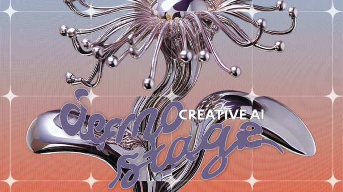 En silvrig nästa metalliknande blomma visas med texten demostage creative ai.