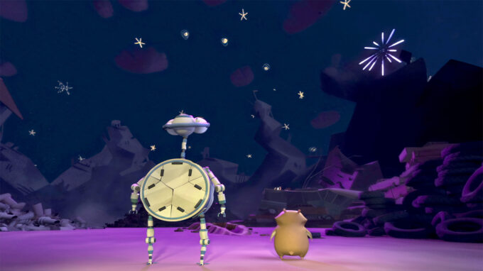 en animerad hamster och robot som tittar ut mot galaxen.
