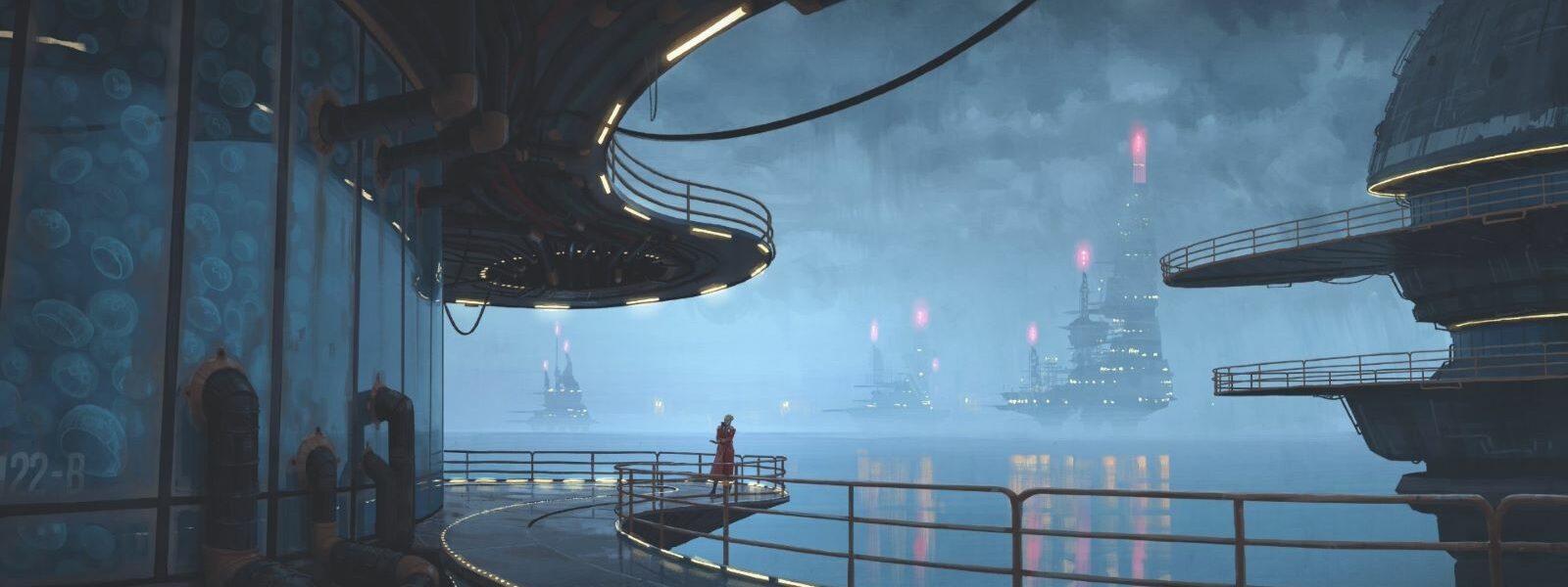 illustration på en person som tittar över ett hav från en balkong.