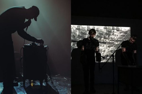 man med mikrofon och högtalre och två män med dj-set. Splitbild på perforamce från konstkollektivet NONAGON