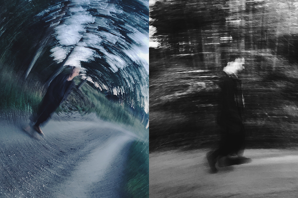 Splitbild med två suddiga och abstrakta motiv. En i Färg och en i Svart/Vitt