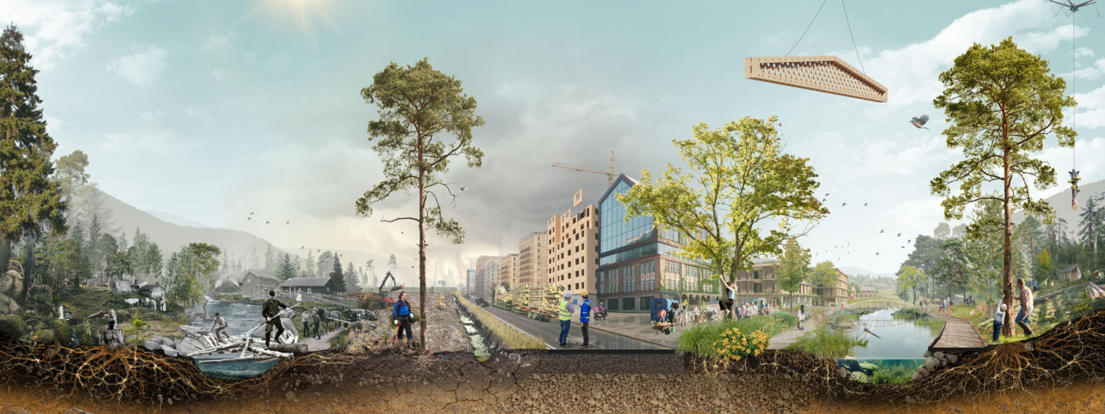 Illustration på träd, byggnader och framtidens stad