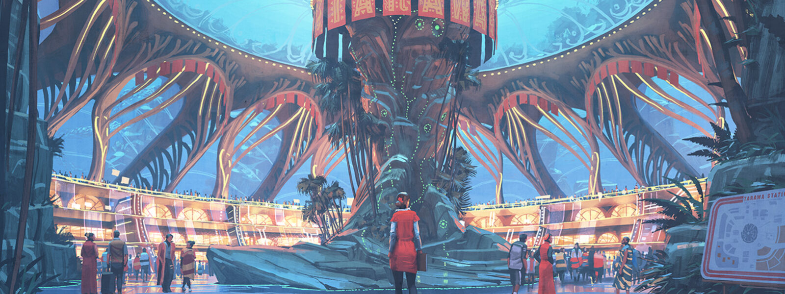 tjej klädd i rött som tittar på en stad under vatten