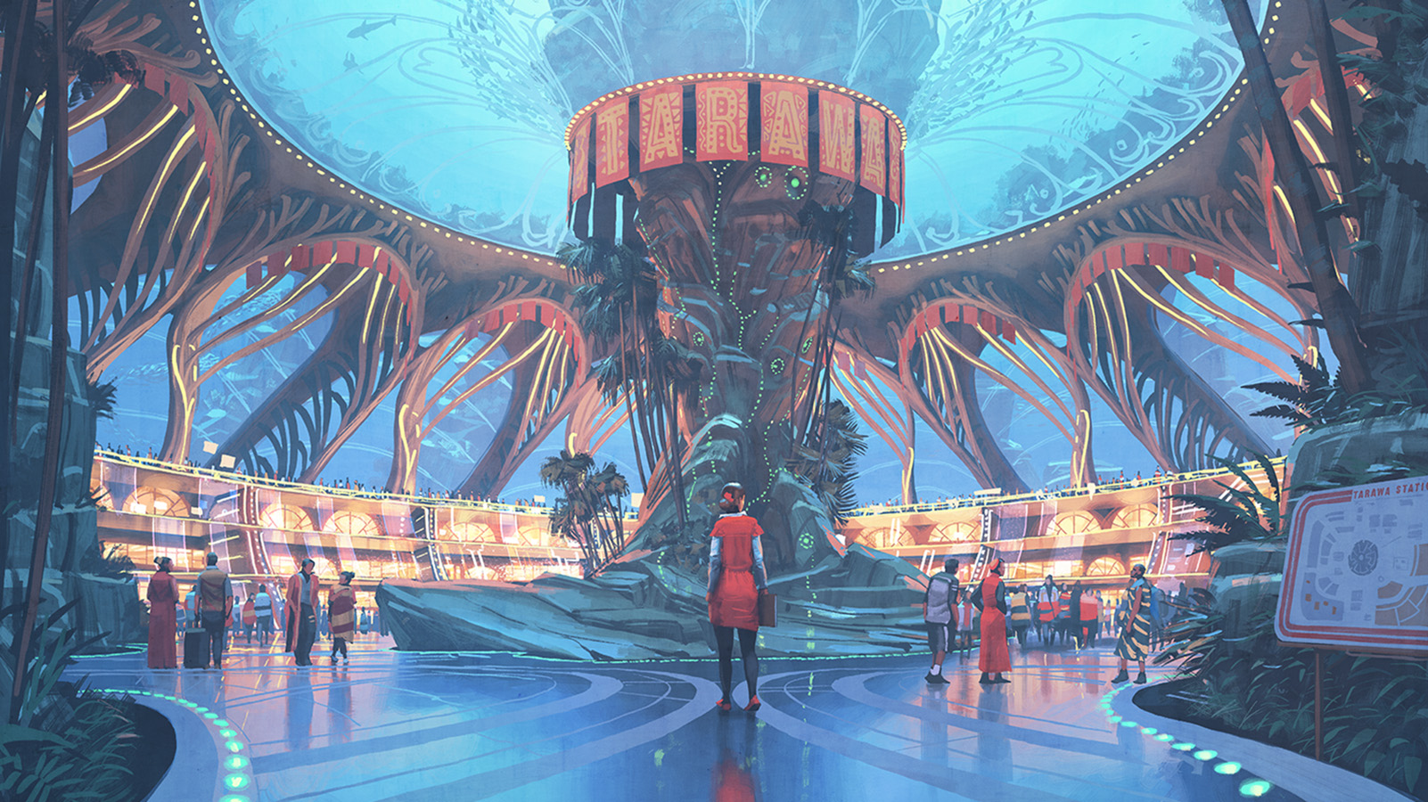 tjej klädd i rött som tittar på en stad under vatten