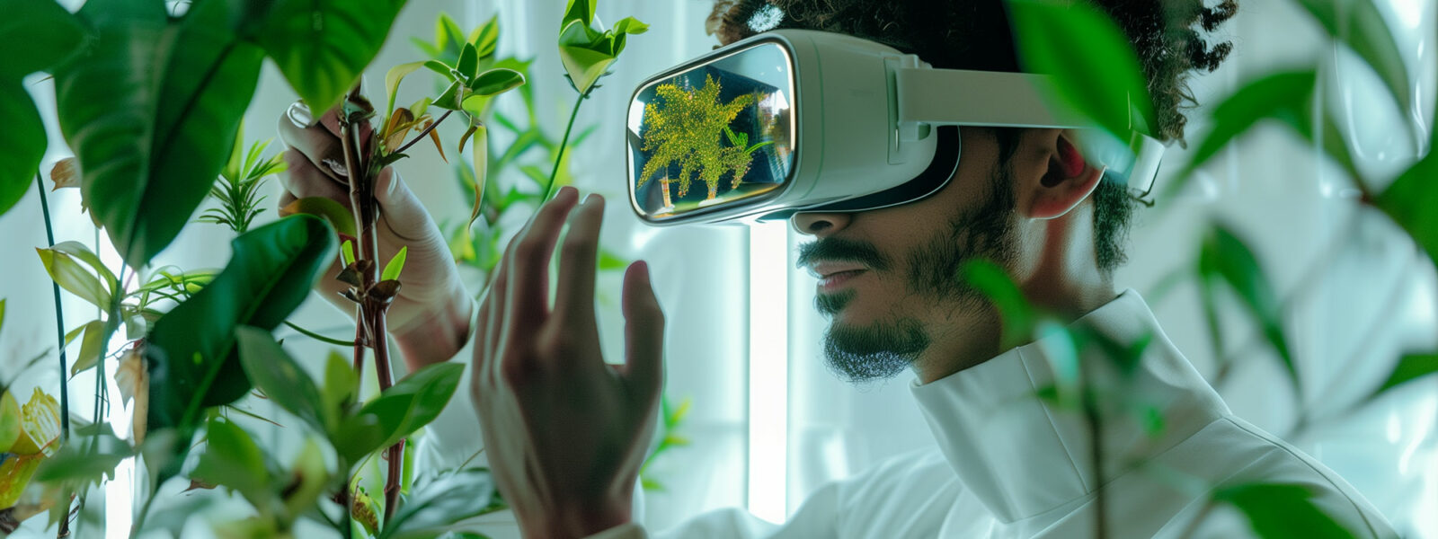 Man står med VR-glasögon och tittar på växter