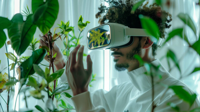 Man står med VR-glasögon och tittar på växter
