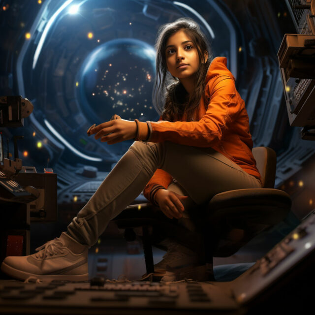 Flicka sitter i ett rymdskepp