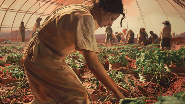 Flicka sitter på knä i ett tält och arbetar med odlade växter